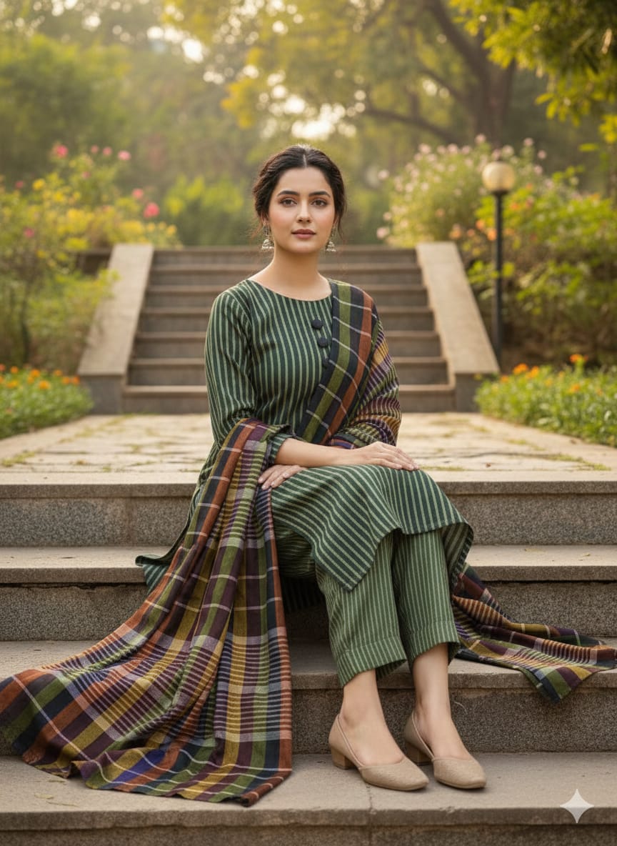 3pc Multani Susi Khaadi (MULTI GREEN)